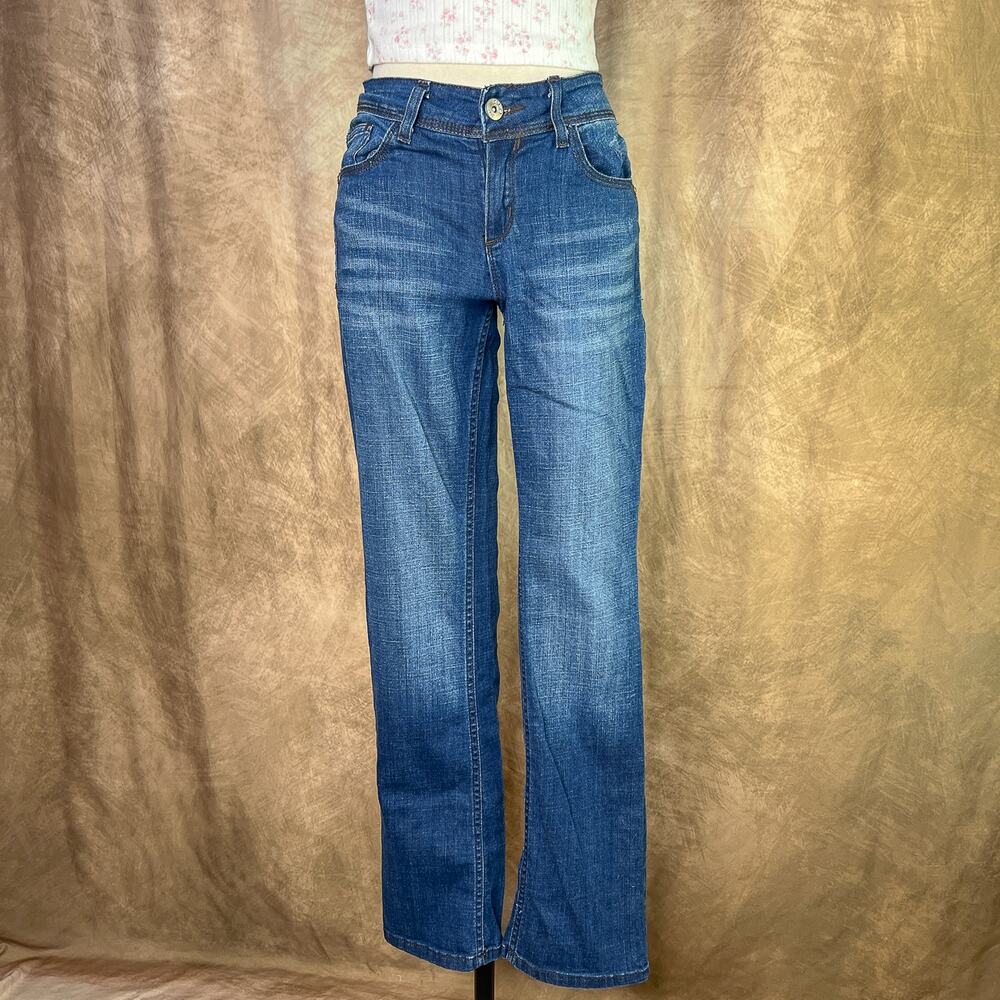 Vintage Y2K Glo Jeans Flare Blue Denim Embroidered Rhinestone Pocket Mid Rise